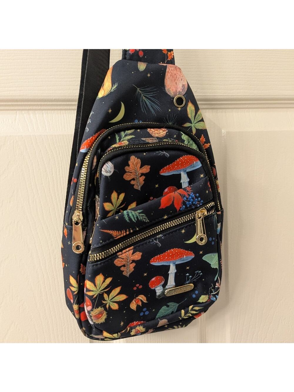 Black and Gold Mushroom Crossbody Satchel Sling Bag
